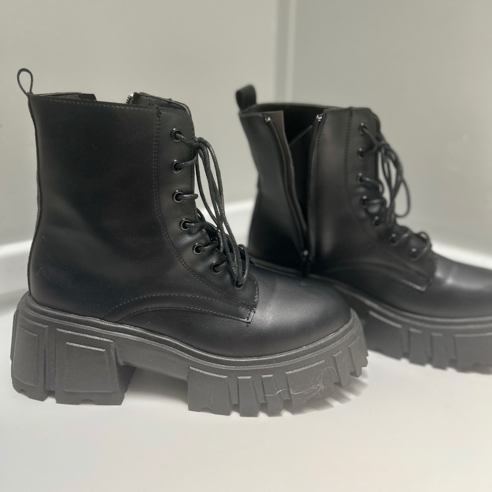 Black Chunky Lace-Up Ankle Boots